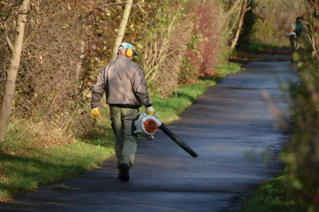 Man blowing leaves off a long driveway